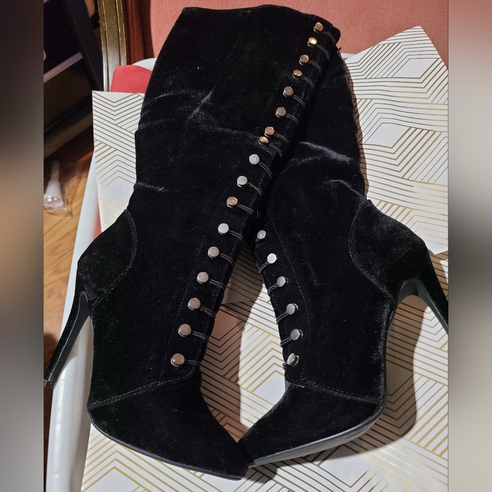 Black velvet knee high boots